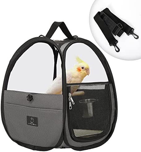 A4 Pet Bird Carrier for Travel, Bird Travel Cage Bag with Stand, Tray and Feeding Cup, Portable and Lightweight for Small Pets Carrier – Gray