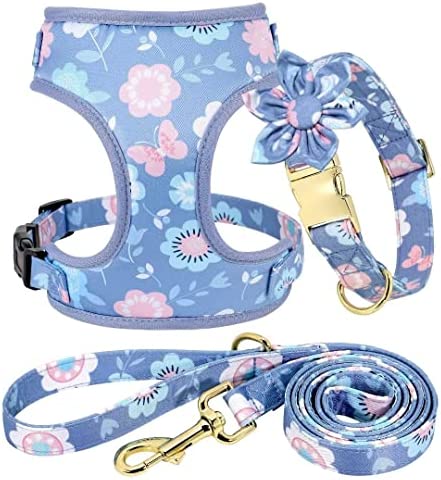 Beirui Cute Girl Dog Collars, Harnesses & Leashes Set – Adjustable Dog Collar and Leash Set with Flower – Soft Mesh Dog Vest Harness for Puppies Small Medium Dogs (Purple,XS)