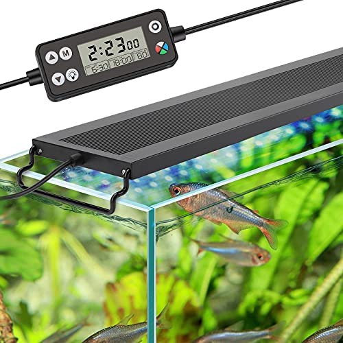 hygger Auto On Off LED Aquarium Light, Full Spectrum Fish Tank Light with LCD Monitor, 24/7 Lighting Cycle, 7 Colors, Adjustable Timer, IP68 Waterproof, 3 Modes for 12″-18″ Freshwater Planted Tank