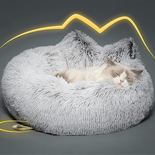 Lazy Rabbit Upgrade Cat Dog Bed |Calming and Cozy Cat Bed for Indoor Cats | Large Fluffy & Warming Cat Beds | Washable, Plush and Modern Beds & Furniture | Donut-Shaped,Gradual Grey Color,24inch