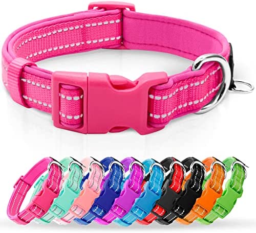 azuza Reflective Dog Collar,Soft Neoprene Padded Pet Collar with ID Tag Ring,Adjustable for Small Dogs,Hot Pink,S
