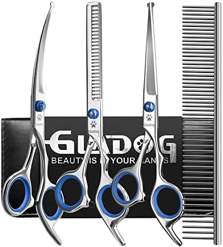 GLADOG Professional Grooming Scissors for Dogs with Safety Round Tips, 5 in 1 Dog Grooming Scissors Set, Sharp and Durable Pet Grooming Shears for Dogs and Cats