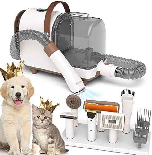 Bunfly Pet Clipper Grooming Kit & Vacuum Suction 99% Pet Hair, 6 Grooming Tools, 2.5L Capacity Easy Empty Dustbin for Pet Hair, Home Cleaning-Brown