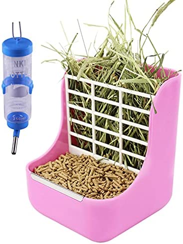 Hamiledyi Rabbit Hay Feeder Rack,Bunny Water Bottles Dispenser, 2 in 1 Feeder Bowls Small Animal Grass/Food Bin for Rabbit Chinchilla Guinea Pig