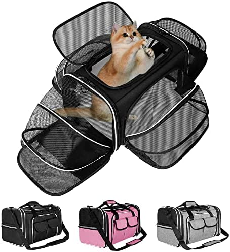 Estarer Soft Sided Pet Carrier Airline Approved, 4 Sides Expandable Collapsible Cat Carrier with Pockets & Removable Fleece Pad, Travel Carrier Bag for Cat Dog & Small Animals (Black)