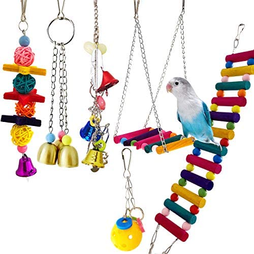 6pcs Bird Parakeet Toys Ladders Swing Colorful Chewing Bird Parakeet Cage Accessories Hanging Bell Pet Cockatiel Toys for Bird Cage for Small Birds, Love Birds, Conures, Macaws, Parrots, Finches