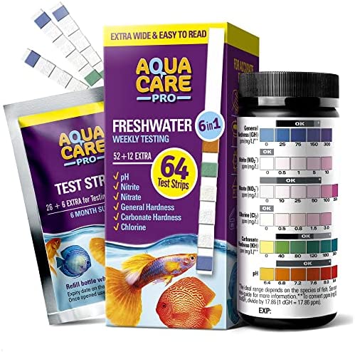 Freshwater Aquarium Test Strips 6 in 1 – Fish Tank Test Kit for Testing pH Nitrite Nitrate Chlorine General & Carbonate Hardness (GH & KH) – Easy to Read Wide Strips & Full Water Testing Guide – 64 Ct