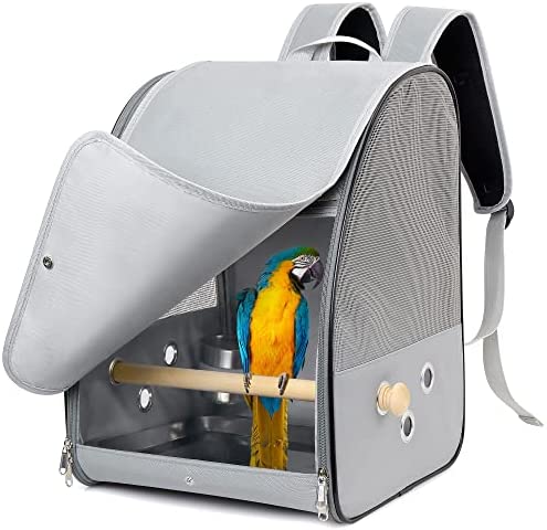 Bird Carrier Backpack Cage (Grey), Carrier with Stainless Steel Foodbowl and Stainless Steel Tray & Wooden Standing Perch, Bird Travel Cage for Small Birds, Green Cheek, Cockatiel, Parrot