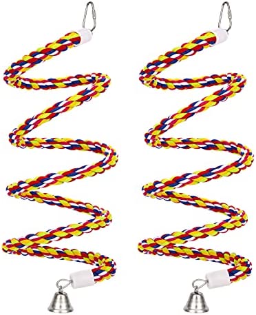 2PCS 43” Bird Rope Perches Birdcage Swing Toys 100% Cotton No Smell Peck/Chewing with Bell Climbing Standing Bungee Bird Toys for Small to Regular Size Parrot Cockatiel Birds by OSWINMART