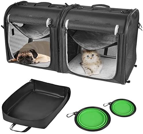 Wakytu Portable 2-in-1 Pet Carrier for Medium Dogs Large Cat Carrier for 2 Cats Travel Double Dog Crate Set with Portable Carry Bag/Hammocks/Mats/Tent Stakes/2 Pcs Pet Bowls for Outdoor Camping