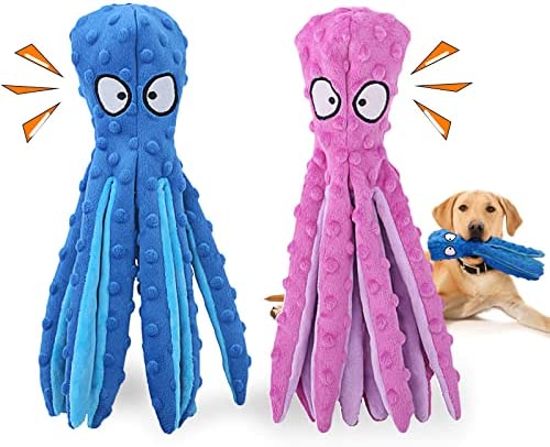 HGB Squeaky Dog Toys, Octopus No Stuffing Crinkle Plush Dog Chew Toys for Puppy Teething, Pet Training and Entertaining, Durable Interactive Dog Toys for Puppies, Small, Medium, and Large Dogs, 2 Pack