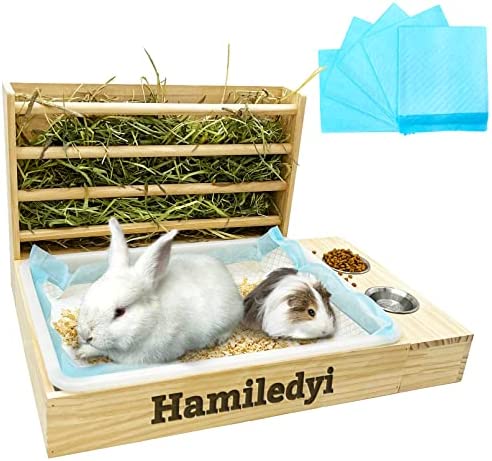 Hamiledyi Bunny Hay Feeder with Litter Box,3 in 1 Wooden Hay Holder for Guinea Pigs Rabbit Food Dispenser Feeding Manger for Small Animals Rectal Pets Hamster