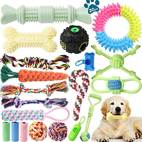 Dog Chew Toys for Puppy Teething – 20 Pack Indestructible Pet Dog Toys for Puppy Chewers, Interactive Tug of War Rope Toys for Puppies, Small Dogs Durable Squeaky Toys for Boredom Chew Teething