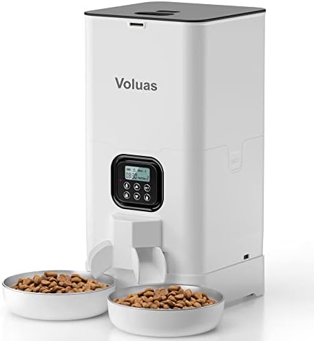 Voluas Automatic Cat Feeders for Two Cats – Double Pet Feeder with 2 Stainless Steel Bowls,6L Timed Cat Feeder with Memory Function, Pet Food Dish