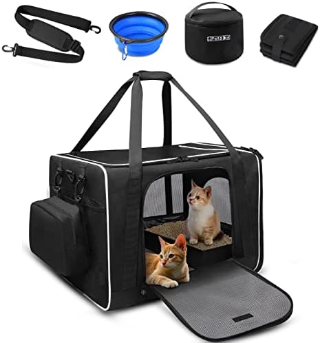 Petskd Large Pet Carrier 24″x17″x17″ for Large Cats, Pet Carrier for 2 Cats or Medium Dog, Cat Carrier for Car Travel with Litter Box and Bowl, Cat Soft Carrier with Locking Safety Zipper