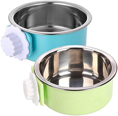 kathson Crate Dog Bowl, Removable Stainless Steel Hanging Pet Cage Bowl Food & Water Feeder Coop Cup for Cat, Puppy, Birds, Rats, Guinea Pigs 2pcs(Blue,Green)