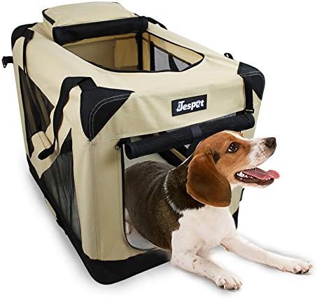 JESPET Soft Dog Crates Kennel for Pets, 3 Door Soft Sided Folding Travel Pet Carrier with Straps and Fleece Mat for Dogs, Cats, Rabbits, Grey Blue & Beige (36″ L x 24″ W x 27″ H, Beige)