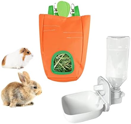 Rabbit Hay Feeder Bag Guinea Pig Food Fabric Bag Hanging Feeding Sack Storage Hay Dispenser with Pet Water Bowl for Rabbit Guinea Pig Chinchilla Hamster