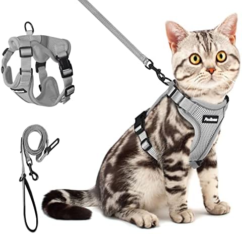 PetBonus Adjustable Cat Harness and Leash, Escape Proof Breathable Pet Vest Harnesses for Walking, Easy Control Reflective Leash and Harness Set Jacket for Cats, Kitten, Kitty (Grey, X-Small)