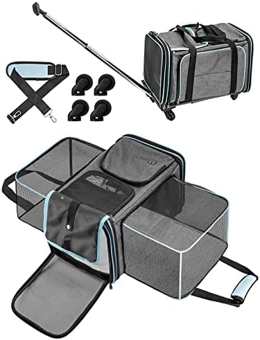 Cat Carrier, WHDPETS Large Pet Carrier with Wheels, Expandable Soft-Sided Cat Collapsible Carrier with 2 Large Extensions for Cats, Puppy and Small Animals