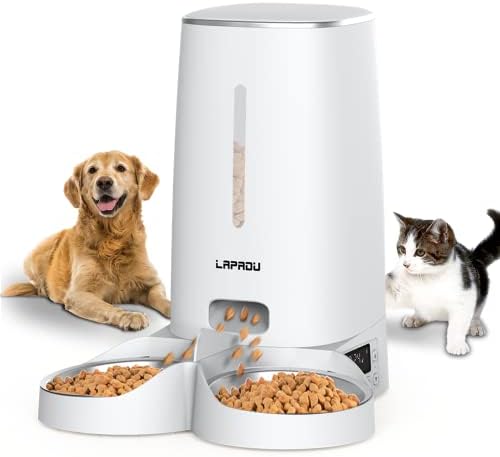 LAPADU Automatic Cat Feeder, Automatic Pet Feeder for Two Cats Dogs, 4L Dry Food Dispenser with Splitter and Two Stainless Bowls,6 Meal Portion Control and Timer Setting, 60 Portions 6 Meals Per Day