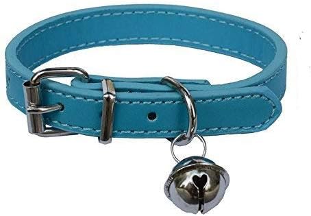 Turquoise Blue Leather Pet Collars for Cats Puppy, Adjustable 8″-10.5″ Kitten Collar with Bell