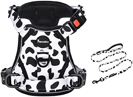 Petmolico No Pull Dog Harness and Leash Set, No Choke 4 Leash Attchments Easy Control Handle Soft Padded Reflective Vest Dog Harness for Medium Dog Breed, Cow Pattern Medium