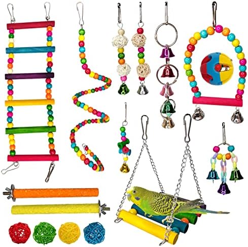 Hamiledyi Parakeets Bird Swing Toy Set, 16PCS Bird Hanging Colorful Chewing Toys, Parakeets Standing Climbing Ladder Hammock Bells, Cockatiels Perches for Budgie Finches