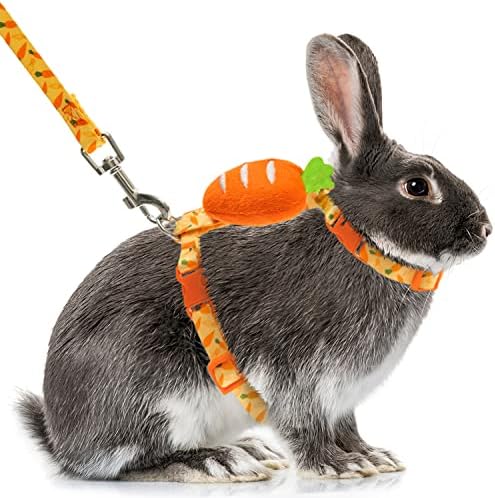 ORZECHKO Rabbit Harness and Leash – Adjustable Bunny Harness Escape Proof for Walking Runnig Hiking Camping Outdoor – Yellow Carrot Pattern Cute Small Animal Harness Leash Set