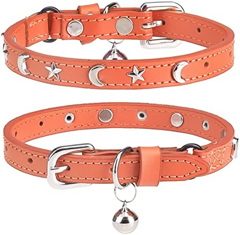 DILLYBUD Leather Cat Collars for Boy Girl Cats with Bell and Safety Elastic Belt, Personalized Star and Moon Stud Adjustable Safe Buckle Collar for Kitty Small Big Cats Size 8-12 Inch Orange