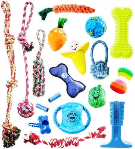 Pacific Pups Products 18 Piece Dog Toy Set with Dog Chew Toys, Rope Toys for Dogs, Plush Toys for Dogs and Puppy Teething Toys – Supports Non-Profit Dog Rescue