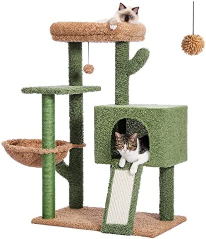 PAWZ Road 41 Inches Cactus Cat Tower with Sisal Covered Scratching Post and Cozy Condo for Indoor Cats, Cat Climbing Stand with Plush Perch &Soft Hammock for Multi-Level Cat Play House