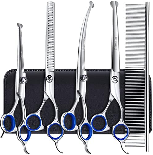 Gimars 6 in 1 Professional 4CR Stainless Steel Grooming Scissors for Dogs with Safety Round Tip, Heavy Duty Titanium Coated Pet Grooming Scissor for Dogs, Cats and Other Animals