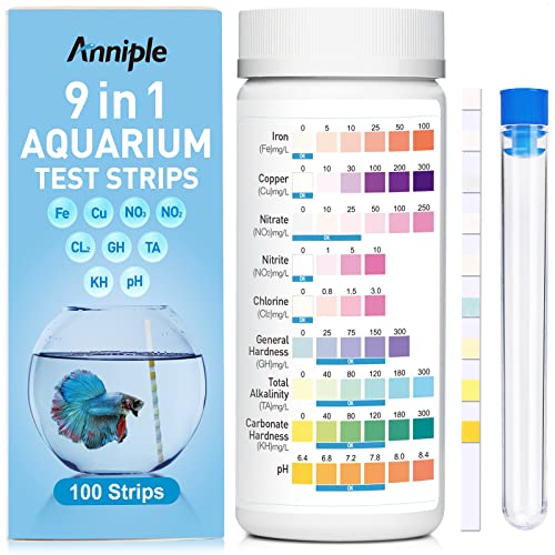 9 in 1 Aquarium Test Strips – 100 Strips Aquarium Water Test Kits for Freshwater Saltwater – Testing for Iron, Copper, Nitrite, Nitrate, pH, GH & KH, Chlorine, Total Alkalinity
