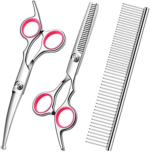 FAIGEO Dog Grooming Scissors Kit with Safety Round Tips Stainless Steel Professional Dog Grooming Shears Set – Thinning, Curved Scissors and Comb for Dog Cat Pet