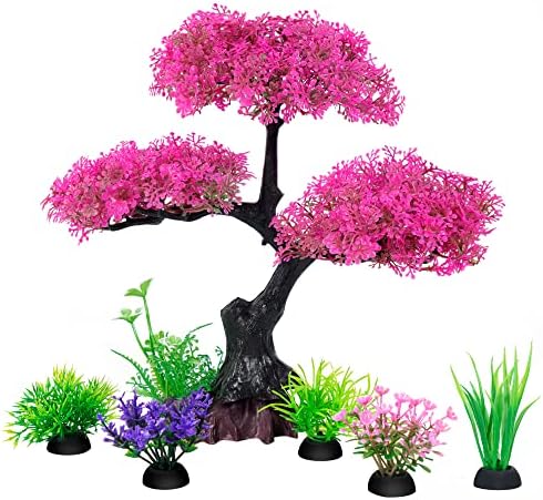 Ameliade Aquarium Artificial Plastic Plants Decoration, Pink Cherry Blossom Tree & Grass Aquarium Decor Set, Goldfish Betta Fish Tank Decorations Hides Accessories （Pink