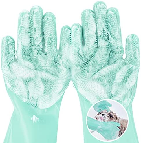 Pecute Pet Grooming Gloves, Heat Resistant Cat Bathing Gloves with High-Density Teeth, Silicone Dog Bathing Gloves with Enhanced Five Finger Design, Bathing and Massaging for Dogs and Cats