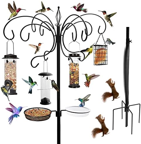 SINMEIRUN 12-Hook Bird Feeding Station, Metal Multi-Feeder Poles Kit 5-Prong Base Stand for Attracting Wild Birds w/ 4 Bird Feeders,Bird Bath,Mesh Tray and Squirrel Guard Spring