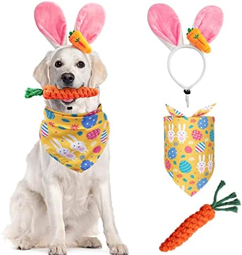 Dog Easter Bunny Costume, Pet Rabbit Ears Headband, Puppy Egg Bandana, Funny Carrot Dog Toy Set, Teeth Cleaning Dog Chew Toys Gifts Easter Dog Costumes Party Apparel Accessory Headwear
