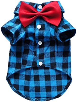 HOODDEAL Soft Casual Dog Plaid Shirts Blue and Black Gentle Dog Western Shirt Dog Clothes Dog Cotton Shirt + Dog Wedding Tie,Blue (Small)