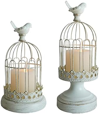 Decorative Birdcage Candle Holders for Pillar Candles, 10’’/12’’ Tall Ivory Vintage Candle Holder, Set of 2 Metal Bird cage Candle Stands for Rustic Home Decor Table Wedding Centerpiece Bird Decor